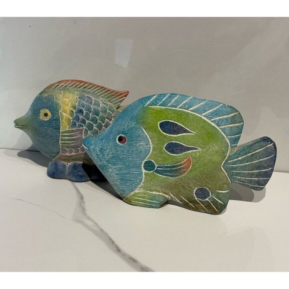 Carved Painted Wooden Fish Statue Family Sculpture Tropical Ocean Sea Decor - Picture 1 of 8